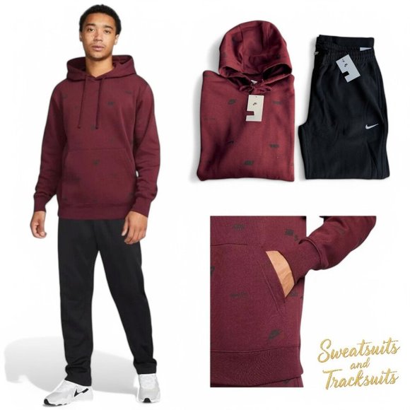 Nike Air Men's 2 PC AOP Sweatsuit Maroon Red Swoosh Logos Fleece Tracksuit Set - Picture 1 of 13